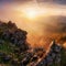 Beautiful summer landscape in the mountains with the sun at dawn