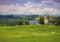 beautiful summer landscape river clouds orthodox church green fields village