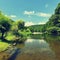 Beautiful summer landscape with river, forest, sun and blue skies. Natural colorful background. Jihlava River. Czech Republic -