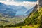 Beautiful summer landscape of Switzerland with Grosser Mythen mountain, Swiss Alps, Vierwaldstattersee and Brunnen town from Iberg