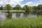 Beautiful summer landscape with trees on the river bank, a meadow and the wood on the horizon