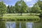 Beautiful summer landscape with trees on the river bank, a meadow and the wood on the horizon