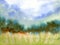 Beautiful summer landscape in watercolor. Grove of trees ,bright summer grass.