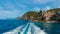 Beautiful summer Manarola coast view from excursion ship. One of five famous villages of Cinque Terre National Park in Liguria,