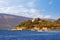 Beautiful summer Mediterranean landscape. Montenegro, Bay of Kotor. View of Kamenari town and Church of Sveta Nedjelja