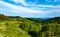 Beautiful summer mountain landscape with blue smoke and forest. Kazakhstan Almaty, Aktas Plateau and Bukreev Peak.