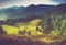 Beautiful summer mountain landscape.Tourist tents near forest.