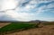 Beautiful summer mountain landscape. Wheat fields and mountains. Kyrgyzstan. Natural background