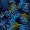 Beautiful Summer night Seamless monotone blue and yellow tropical pattern. Leaves palm tree illustration. Modern graphics. Exotic