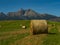 Beautiful summer panorama over Spisz highland with sheaves of hay to Tatra mountains, Poland