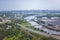 Beautiful summer panoramic landscape. Bird`s-eye view of Myakininsky metro bridge and Spassky bridge