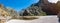 Beautiful summer panoramic landscape. River Torrent de Pareis between mountains. Wild beach in Sa Calobra, Palma de