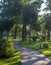 Beautiful summer park with green trees and grass and walkway. Early autumn garden landscape.