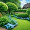 Beautiful summer private garden with many flowers and nature english countryside cottage style