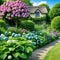 Beautiful summer private garden with many flowers and nature english countryside cottage style