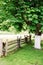 Beautiful summer rural landscape with fresh green chestnut tree and wooden fence. Green coutryside concept.