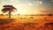 Beautiful summer savanna with a tree at sunset. African Safari landscape. Aerial shot of summer drought lands