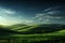 A beautiful summer or spring landscape with green grass on the hills and green fields. Dark dramatic sky in the evening.