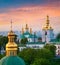 Beautiful summer sunrise of Kiev Pechersk Lavra Orthodox Monastery. Great morning view of Kiev, capital of Ukraine, Europe.