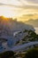 Beautiful summer sunset in Cap de Formentor in Spanish Mallorca. Sun going down behind rocks and cliffs. Orange sun. Balearic