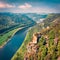 Beautiful summer view of Elbe river from Bastei view pont. Colorful morning scene of Saxon Switzerland national park, Germany, Eur