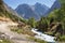 Beautiful summer  view of mountains, stormy mountain river and narrow  track