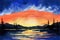 Beautiful summer watercolor landscape of bright orange sunset sky with massive blue clouds, calm lake and dark silhouettes of