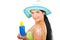 Beautiful summer woman with sun protection lotion