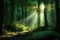 Beautiful sun rays break through the bright lush green foliage in the forest. Generative ai