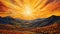 Beautiful sunburst landscape illustration. Sunset art painting in golden hues.