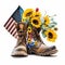 Beautiful Sunflowers and Retro Veteran Boots with American Flag, Isolated on White Background - Generative AI