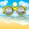 Beautiful sunglasses on the beach and the sea. Vector illustration. Hello summer!