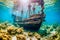 Beautiful Sunken Wooden Old Sailing Ship at the Bottom of the Ocean Among Magical Corals and Reefs extreme closeup. Generative AI