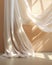 Beautiful sunlight blowing white sheer curtain from open window on blank beige brown wall floor white baseboard for interior