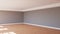 Beautiful Sunlit Interior Corner with Gray Walls, Parquet Floor, and a White Plinth. 3d render. Ultra HD 8K 7680x4320