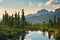 Beautiful sunny landscape of summer picturesque mountain lake with spruces