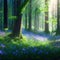 Beautiful sunny summer morning in magic forest. Forest in the morning in the sun, trees in a haze of light, glowing fog among the