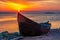 Beautiful sunrise with a boat on the lake, Razelm Razim Lake