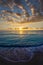 Beautiful sunrise cloudscape over the sea with waves lapping the beach