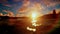 Beautiful sunrise with fishing boat, windmill and seagull flying