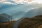 Beautiful sunrise on the Jaufenpass or Passo Giovo in northern italy with beautiful road winding on the mountain and sun just