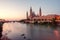 Beautiful sunrise landscape in Zaragoza. Spain. Aragon. Basilica of Our Lady of the Pillar in Zaragoza and Ebro River