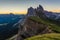 Beautiful sunrise and Odle Mountain landscape in Dolomites, Italy from Seceda peak