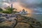 Beautiful sunrise over the majestic mosque, Malacca Straits Floating Mosque (Masjid Selat Melaka).