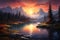 Beautiful sunrise over a tranquil mountain lake. The serene landscape, painted in warm and vibrant hues, evokes a sense of