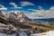 Beautiful sunrise in the Passo Falzarego in spring, Dolomites, Italy