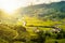 Beautiful sunrise on rice field terraced with tribe village in v