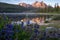 Beautiful sunrise at Stanley Lake in the Sawtooth Mountains of Idaho. Reflection in water with wildflowers