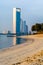 A beautiful sunrise view of Abu Dhabi City from Marina Breakwater Abu Dhabi, UAE, morning, Abu Dhabi sunrise, golden hour