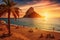 Beautiful sunset on the beach in Calpe, Alicante, Spain, Picturesque view of Cala d\\\'Hort tropical Beach, people hangout in